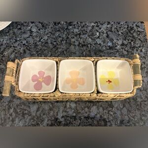 Floral Ceramic Bowls with Wicker Tray